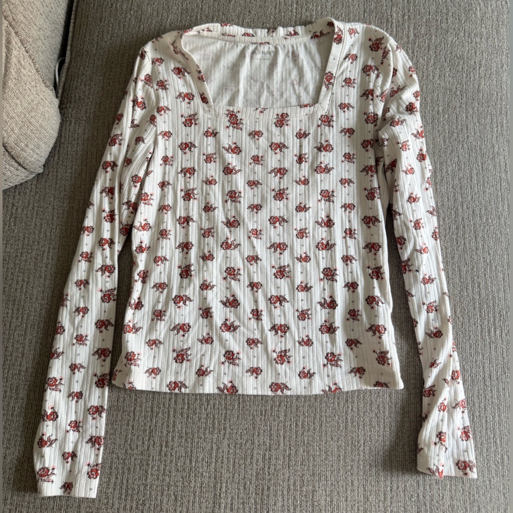 Old Navy Women's Ribbed Floral Top - Cream and Red